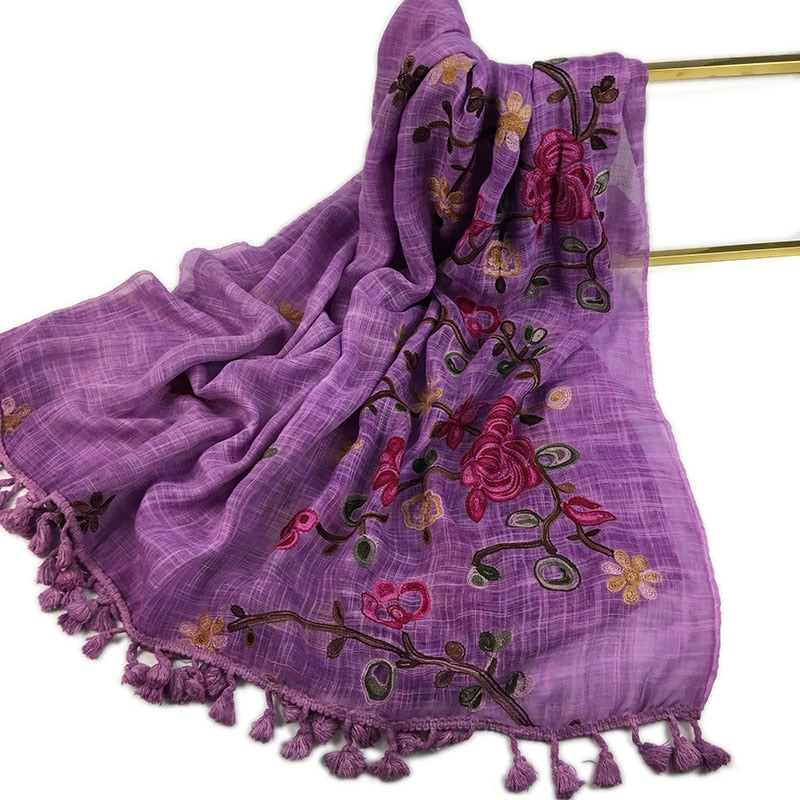 Women's Cotton Hijab Scarf Warm Embroider Soft Shawl Flower