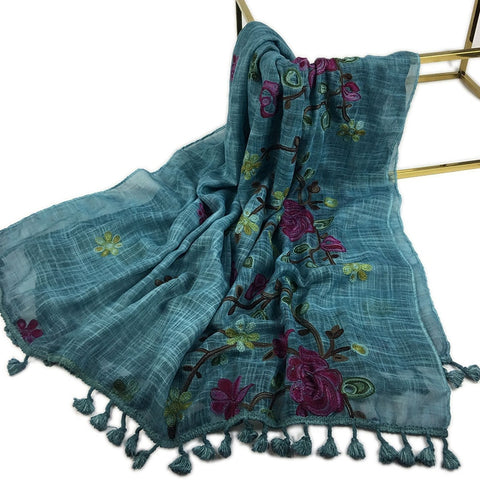 Women's Cotton Hijab Scarf Warm Embroider Soft Shawl Flower