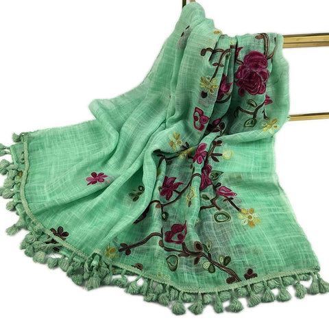 Women's Cotton Hijab Scarf Warm Embroider Soft Shawl Flower