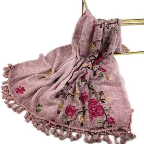 Women's Cotton Hijab Scarf Warm Embroider Soft Shawl Flower