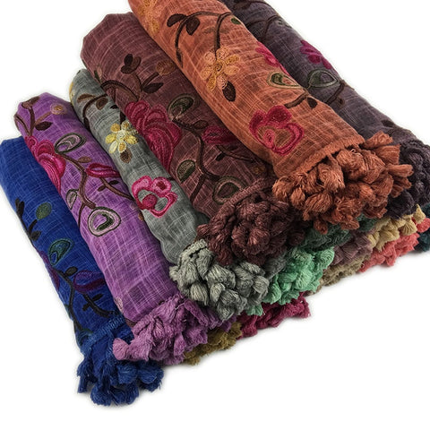 Women's Cotton Hijab Scarf Warm Embroider Soft Shawl Flower