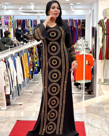 Arabian Women Fashion V Neck Chiffon Long Sleeve Dress Hot Diamond Dress